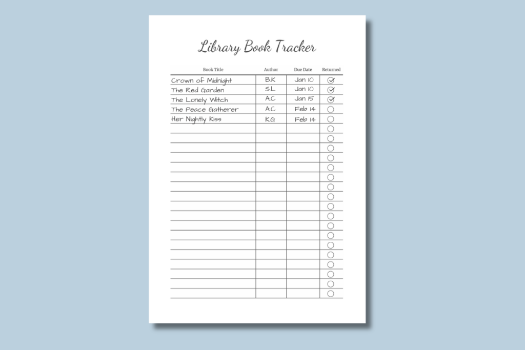 Library Book Tracker Template Printable library book tracker template.