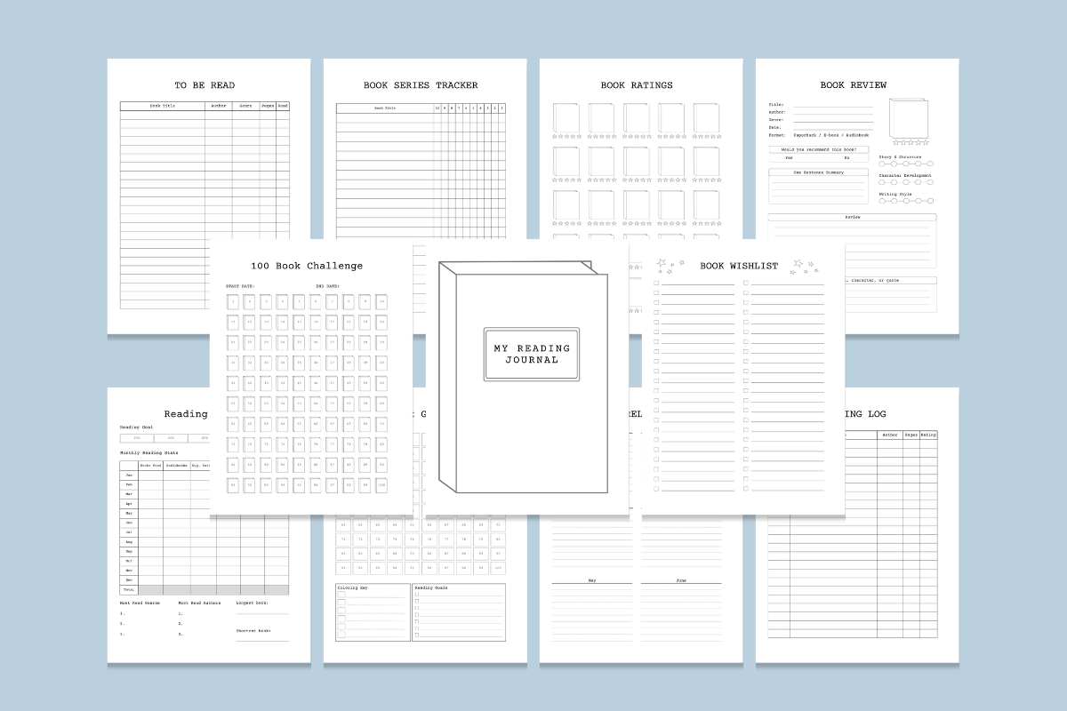 Blue background with 11 reading journal templates.