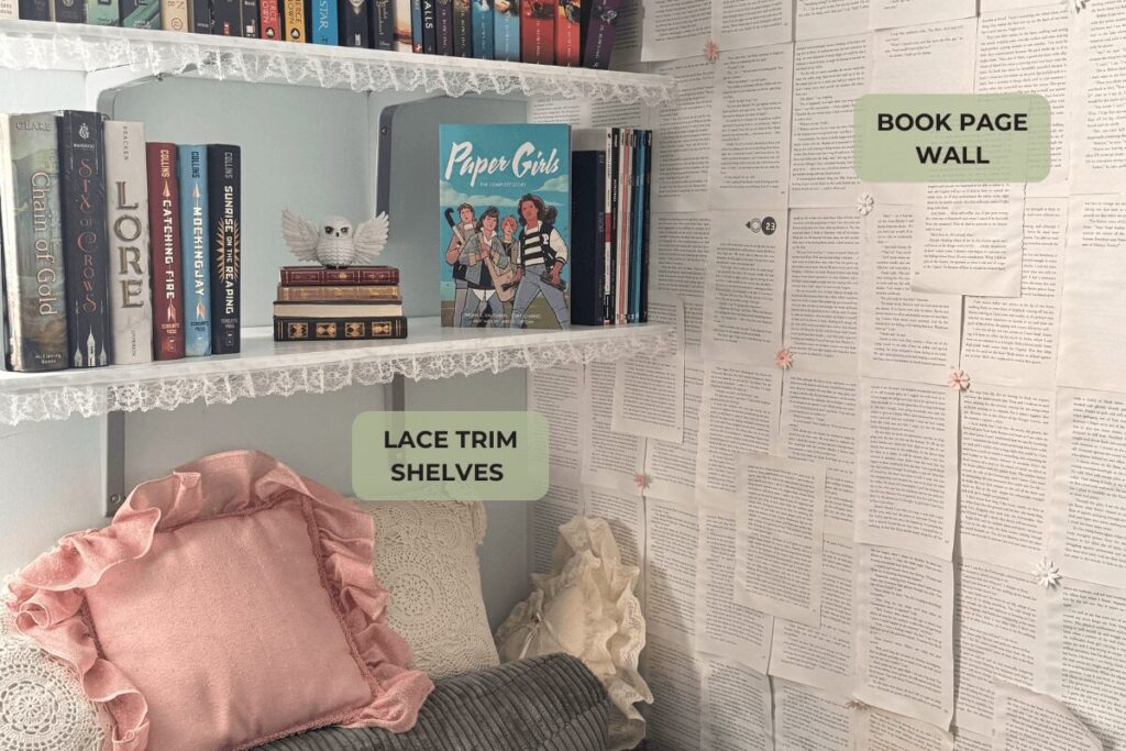 Reading nook diy touches Book page wall + Lace trim floating shelves close-up