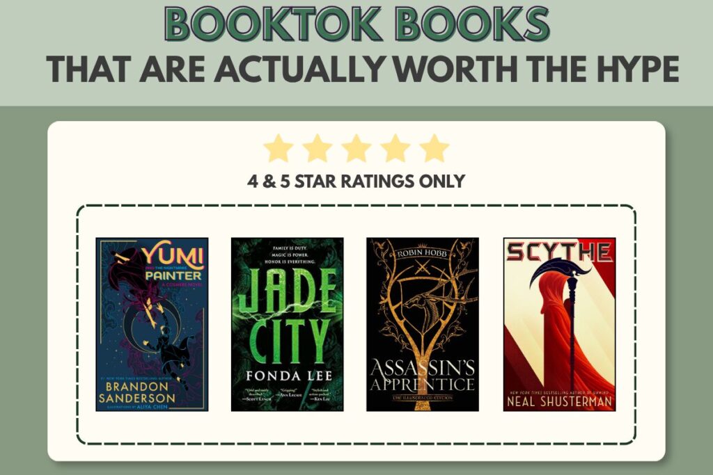 Booktok Books Header Image A graphic that reads "Booktok books that are actually worth it" and displays 4 book recommendations.