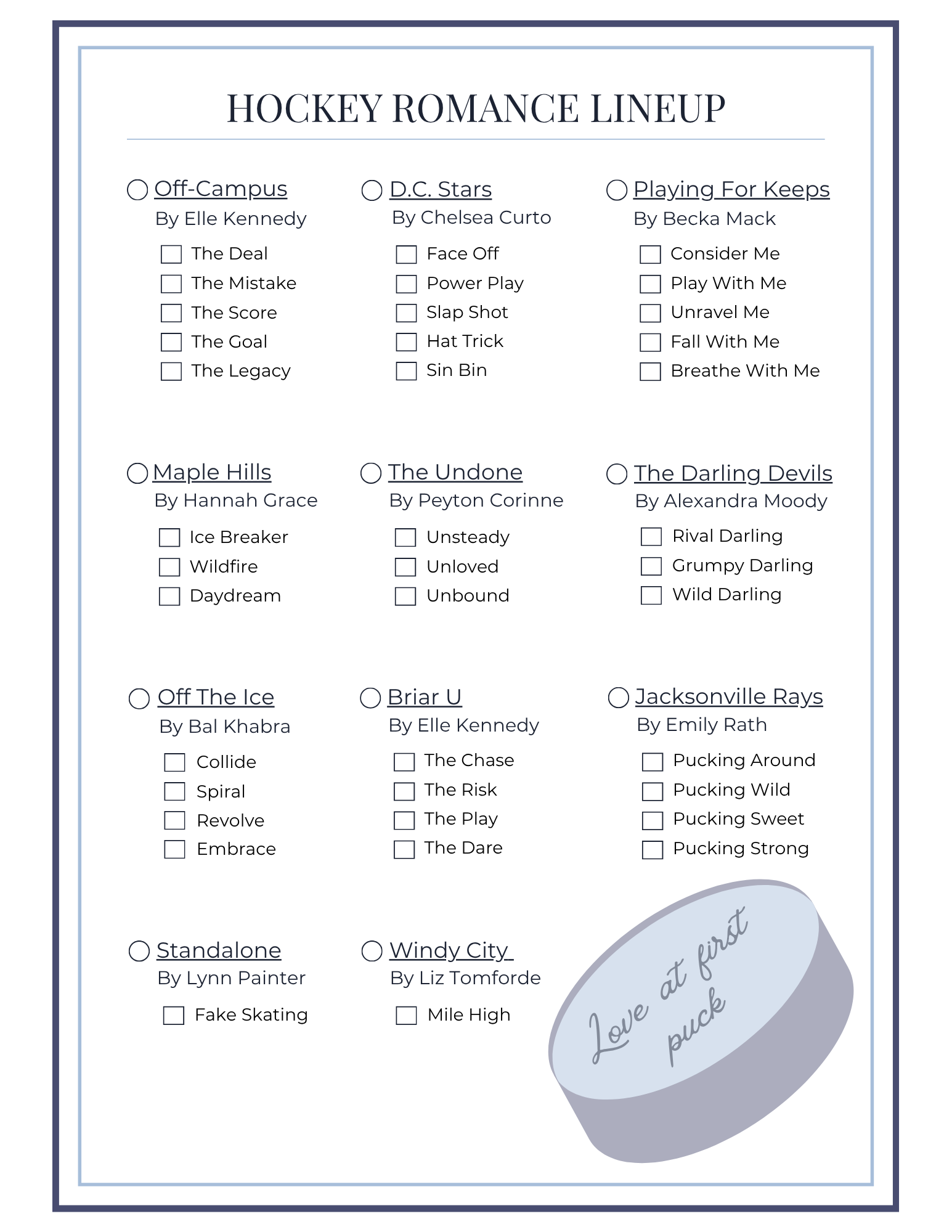 hockey romance checklist template