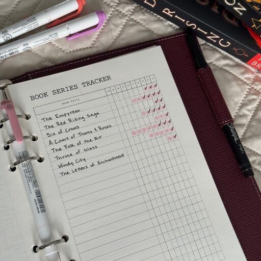 Series tracker template Half-filled book series tracker templates.