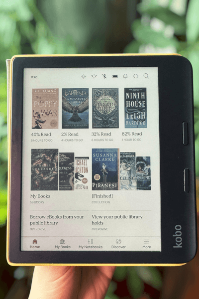 Kobo e-reader home page Kobo e-reader displaying the home page.