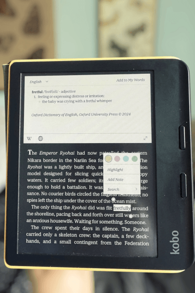 Kobo e-reader dictionary Kobo e-reader displaying the dictionary feature.