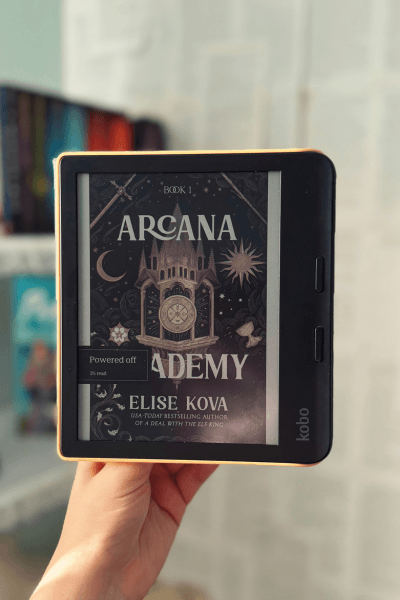 Kobo e-reader screen Kobo e-reader displaying a book cover on the screen