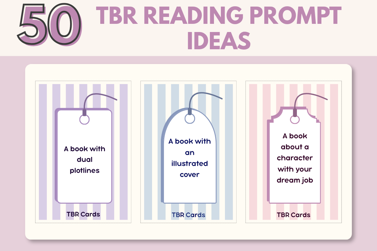 A graphic with a title that reads "50 TBR reading prompt ideas" and 3 examples shown below.